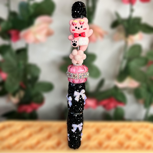 Hand Crafted Other - Cute Pink and Black Rhinestone Bow Bear Handmade Beaded Pen